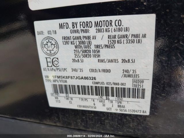 1FM5K8F87JGA86326 Ford Explorer Limited