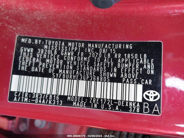 Toyota COROLLA LE 2016 5YFBURHE3GP368805 Image 9