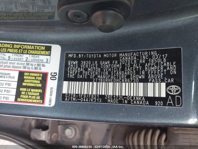 2017 TOYOTA COROLLA LE VIN: 2T1BURHE0HC886730