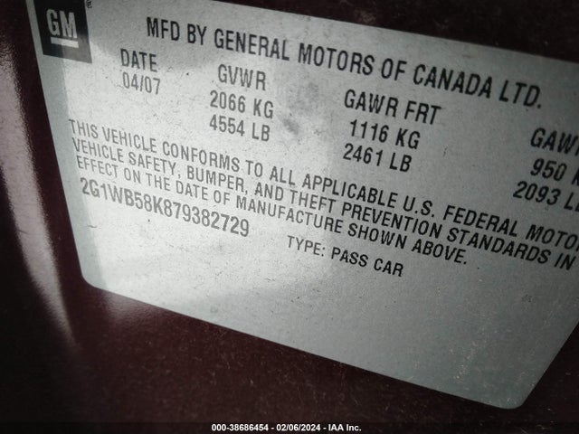 2007 CHEVROLET IMPALA LS VIN: 2G1WB58K879382729