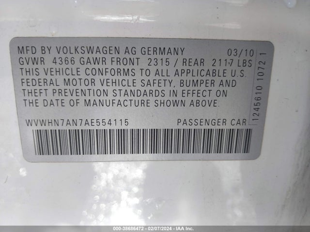 2010 VOLKSWAGEN CC LUXURY VIN: WVWHN7AN7AE554115