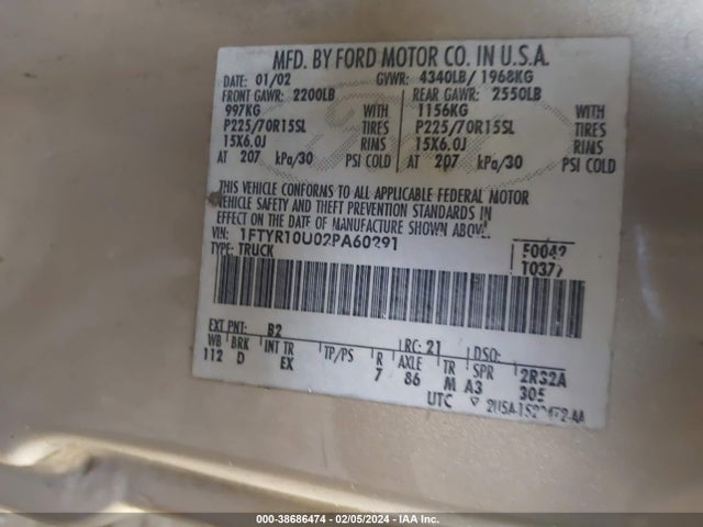 2002 FORD RANGER EDGE/XL/XLT VIN: 1FTYR10U02PA60291