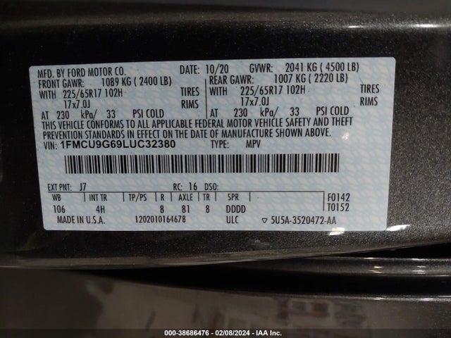 Ford ESCAPE SE 2020 1FMCU9G69LUC32380 Image 9