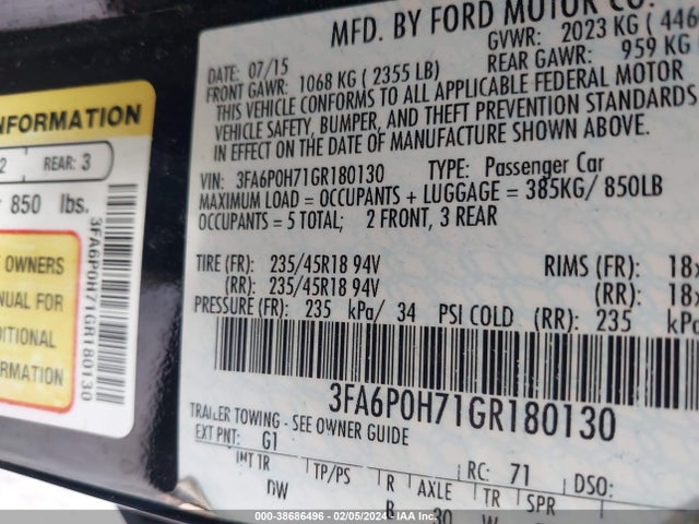 2016 FORD FUSION SE VIN: 3FA6P0H71GR180130