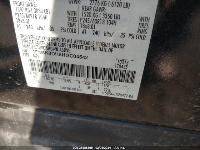 38686599 :رقم المزاد ، 1FM5K8DH6HGC04542 vin ، 2017 Ford Explorer Xlt مزاد بيع