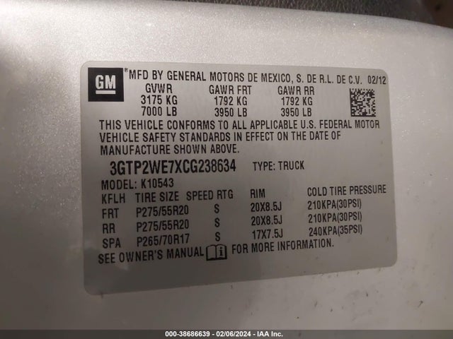 38686639 :رقم المزاد ، 3GTP2WE7XCG238634 vin ، 2012 Gmc Sierra 1500 Slt مزاد بيع