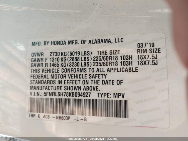 Honda Odyssey Ex-l 2019 5FNRL6H78KB094927 Image 9