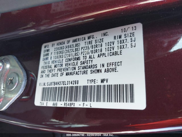38686790 :رقم المزاد ، 5J8TB4H37EL014269 vin ، 2014 Acura Rdx مزاد بيع