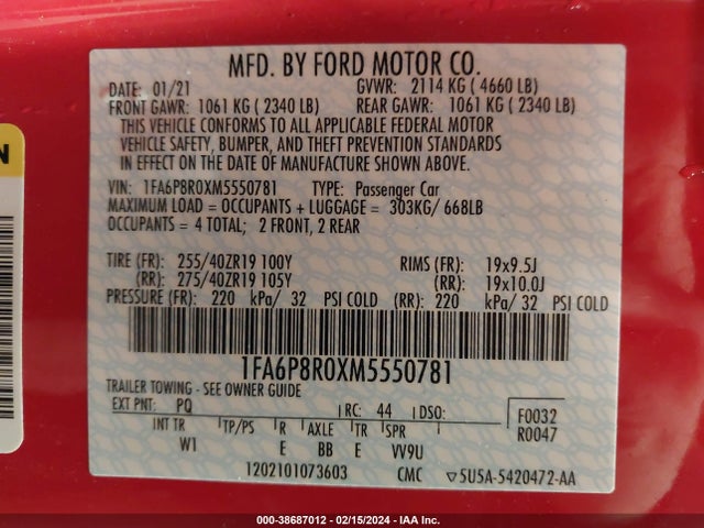 Ford Mustang Mach 1 Fastback 2021 1FA6P8R0XM5550781 Image 9