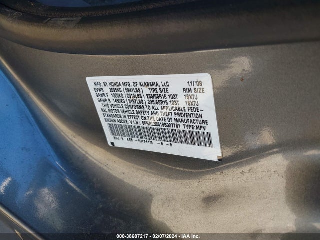 2009 HONDA ODYSSEY EX-L VIN: 5FNRL38619B027781
