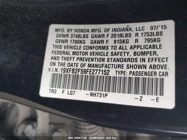 Honda Civic Lx 2015 19XFB2F59FE277152 Image 9