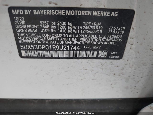 2024 BMW X3 XDRIVE30I VIN: 5UX53DP01R9U21744