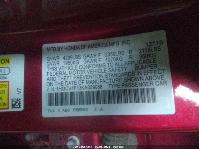 Honda ACCORD LX 2019 1HGCV1F13KA029088 Image 9