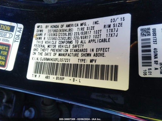 Honda CR-V EX 2015 5J6RM4H5XFL057231 Image 9