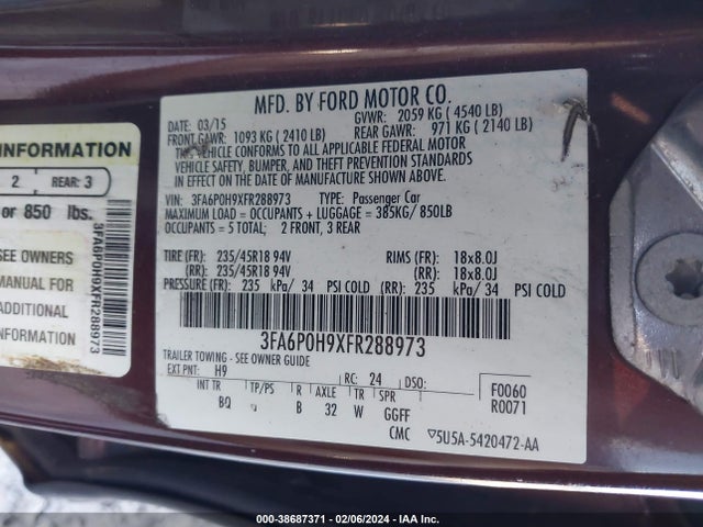 Ford FUSION SE 2015 3FA6P0H9XFR288973 Image 9