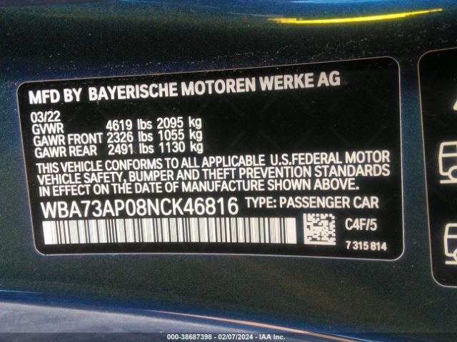 WBA73AP08NCK46816 BMW 430xi