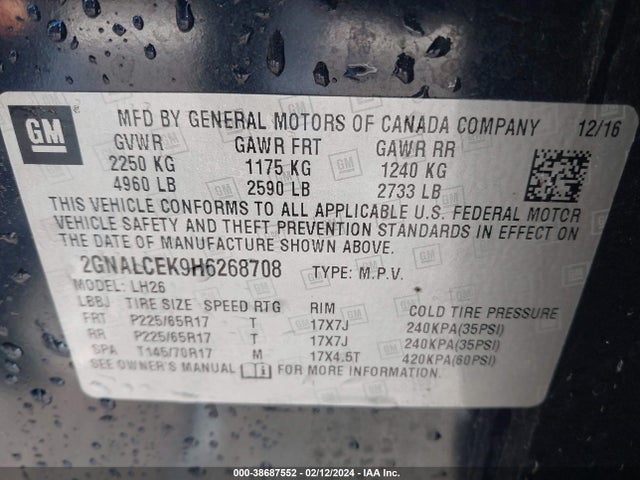 Chevrolet EQUINOX LT 2017 2GNALCEK9H6268708 Image 9