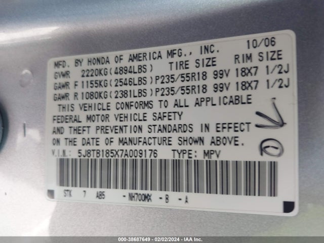 2007 ACURA RDX VIN: 5J8TB185X7A009176