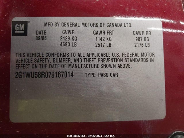 2007 CHEVROLET IMPALA LTZ VIN: 2G1WU58R079167014