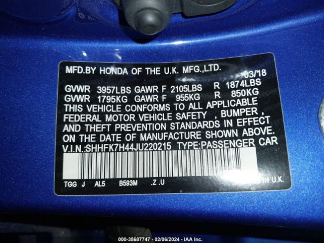 SHHFK7H44JU220215 Honda Civic Sport
