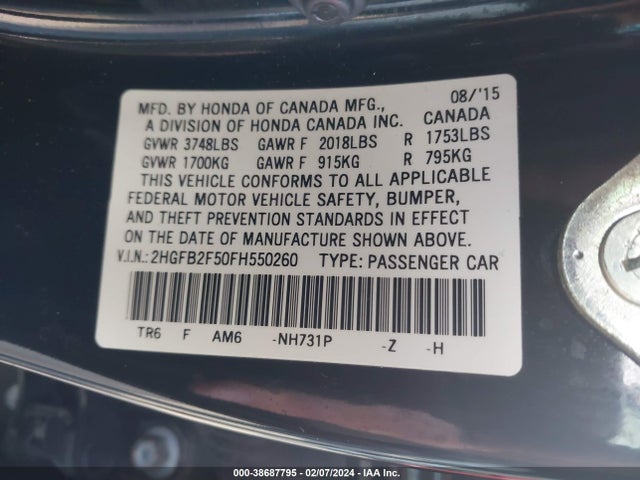 Honda Civic Lx 2015 2HGFB2F50FH550260 Image 9
