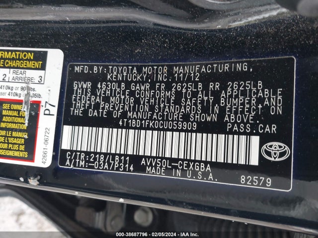 2012 TOYOTA CAMRY HYBRID XLE VIN: 4T1BD1FK0CU059909