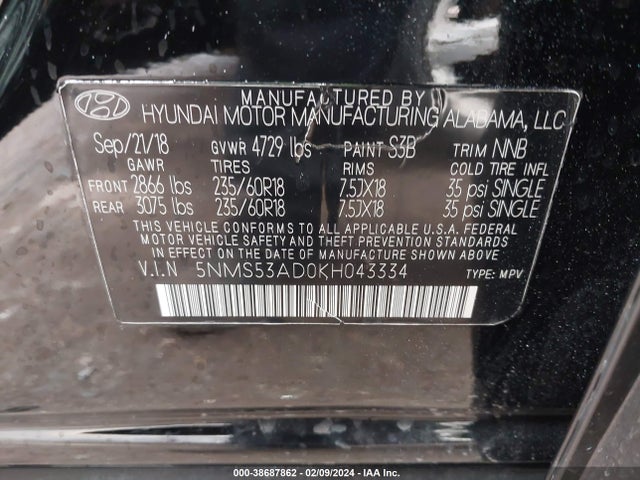 Hyundai Santa Fe Ultimate 2019 5NMS53AD0KH043334 Image 9