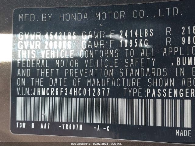 JHMCR6F34HC012877 Honda ACCORD HYBRID