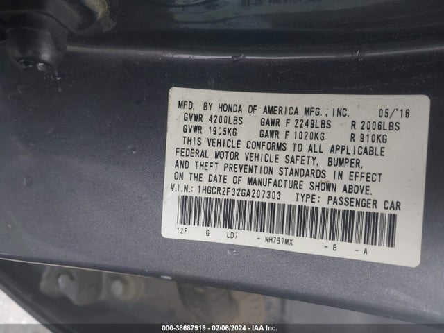 Honda ACCORD LX 2016 1HGCR2F32GA207303 Image 9