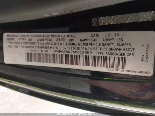 2010 VOLKSWAGEN NEW BEETLE 2.5L VIN: 3VWRG3AG2AM013652