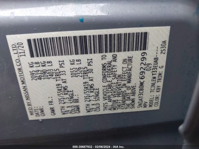 5N1AT3CB0MC692299 Nissan Rogue Sl Intelligent Awd