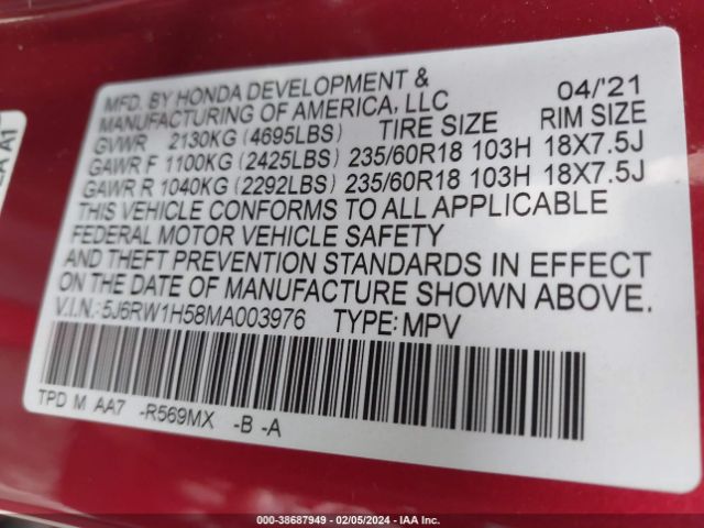 5J6RW1H58MA003976 Honda Cr-v 2wd Ex