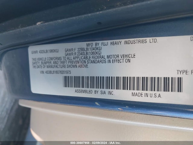2007 SUBARU LEGACY SPECIAL EDITION VIN: 4S3BL616076201975