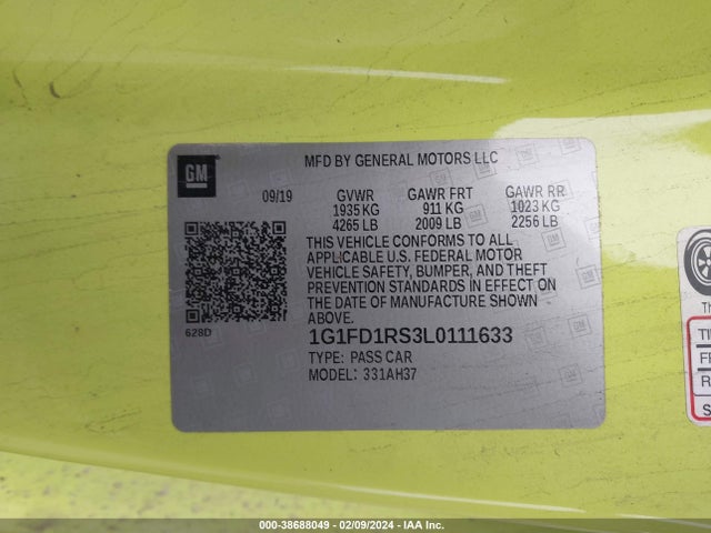 Chevrolet Camaro Rwd  2lt 2020 1G1FD1RS3L0111633 Image 9
