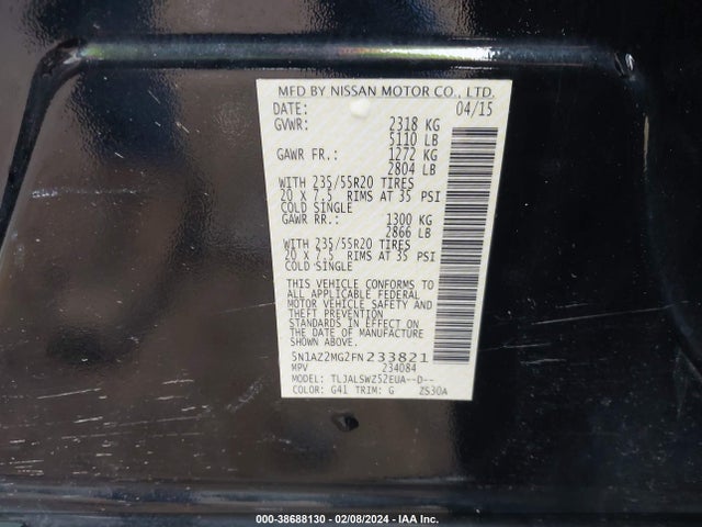 Nissan Murano Platinum 2015 5N1AZ2MG2FN233821 Image 9