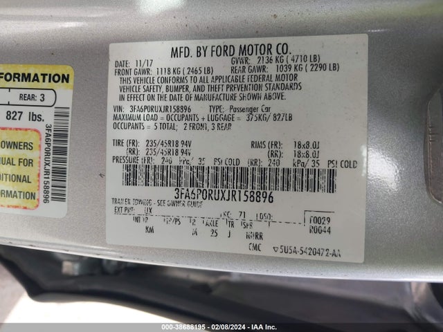 2018 FORD FUSION HYBRID TITANIUM VIN: 3FA6P0RUXJR158896