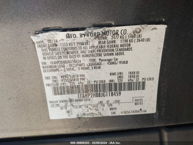 Ford TAURUS SEL 2018 1FAHP2H88JG118459 Image 9