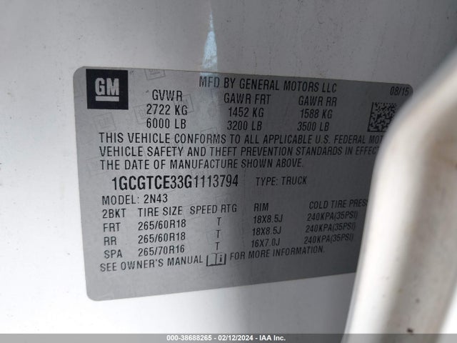 Chevrolet Colorado Lt 2016 1GCGTCE33G1113794 Image 9