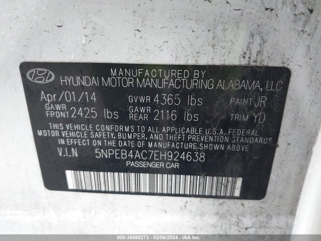2014 HYUNDAI SONATA GLS VIN: 5NPEB4AC7EH924638