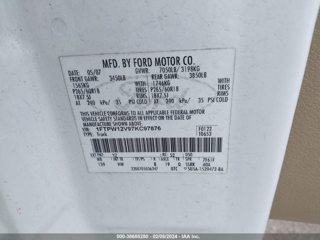 2007 FORD F-150 LARIAT/XLT VIN: 1FTPW12V97KC97876