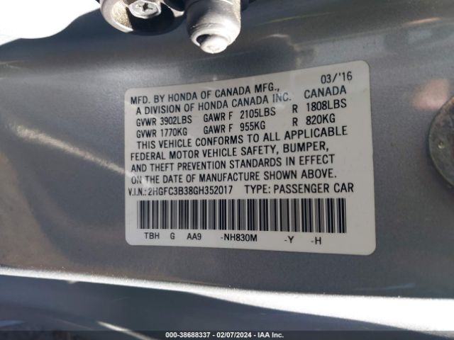2HGFC3B38GH352017 Honda Civic Ex-t