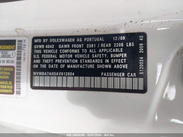 2010 VOLKSWAGEN EOS KOMFORT VIN: WVWBA7AH3AV012604