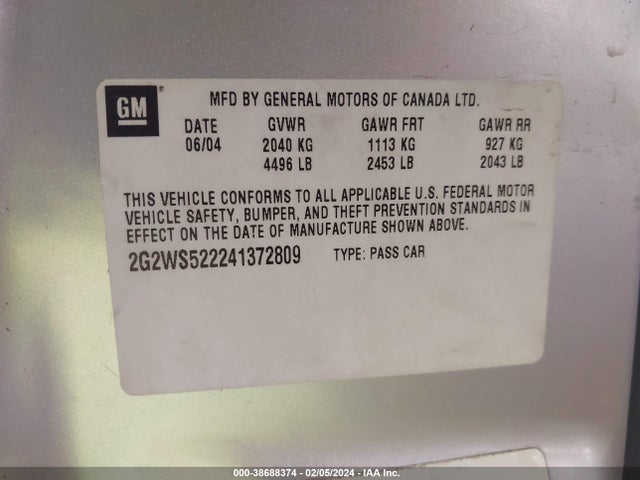2004 PONTIAC GRAND PRIX GT2 VIN: 2G2WS522241372809