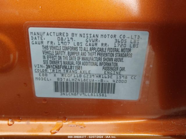 3N1CN8FV9LL811581 Nissan Versa Sr Xtronic Cvt