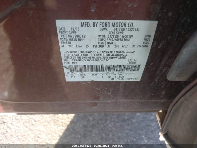 Ford EDGE SEL 2016 2FMPK3J93GBB04090 Image 9