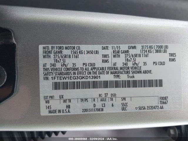 Ford F-150 Lariat 2016 1FTEW1EG3GKD13901 Image 9