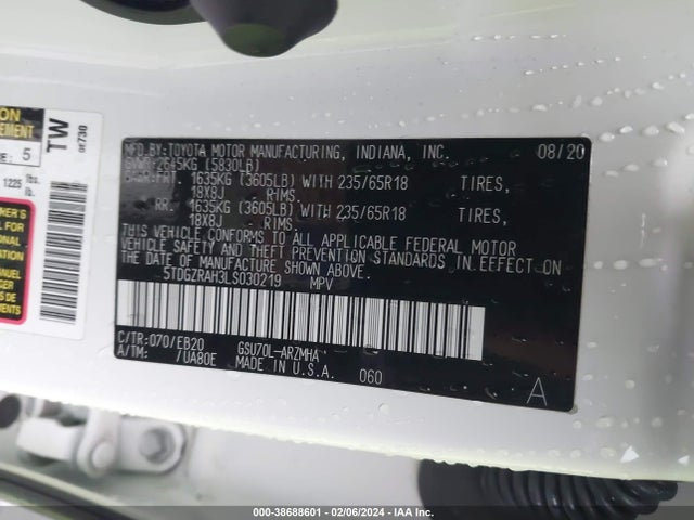 Toyota Highlander Xle 2020 5TDGZRAH3LS030219 Image 9