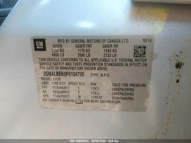 Chevrolet EQUINOX 1LT 2015 2GNALBEK0F6194795 Image 9