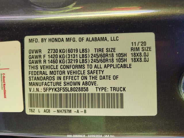 Honda Ridgeline Awd Rtl 2020 5FPYK3F55LB028858 Image 9