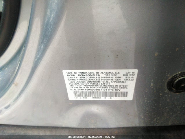Honda Pilot Ex-l 2016 5FNYF6H59GB067194 Image 9